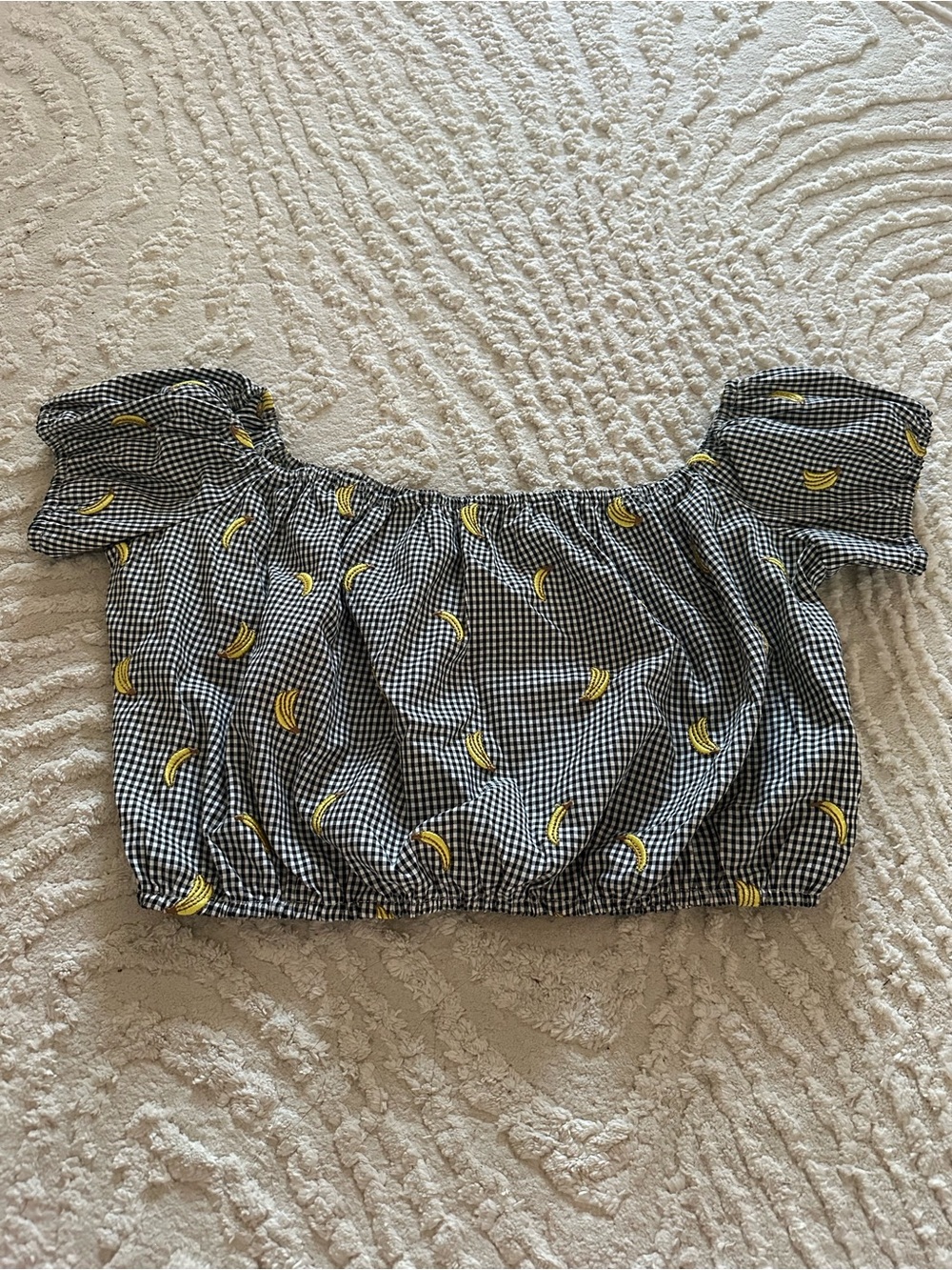 Forever 21 Black Gingham Off-Shoulder Crop Top with Yellow Banana Motif